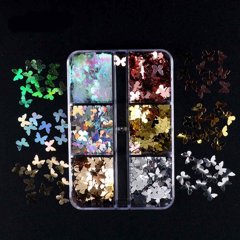 6 Grids Payet Glitter Holografik 3D Desain Bintang Kupu-Kupu Untuk Dekorasi Manicure Charms