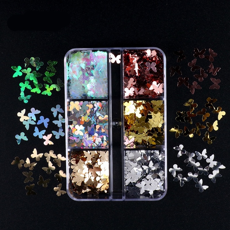 6 Grids Payet Glitter Holografik 3D Desain Bintang Kupu-Kupu Untuk Dekorasi Manicure Charms