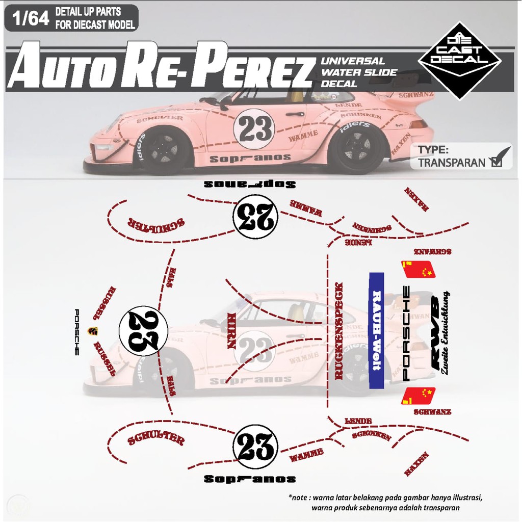 [TRANSPARAN]Decal Hotwheels Autoreperez - Porsche RWB sopranos Pink Pig Porche 930 993