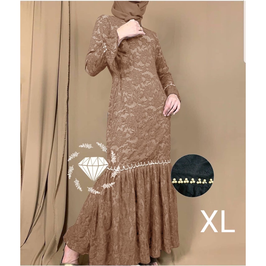 PCS MAXY NURHALIZA DUYUNG MUTIARA BRUKAT FASHION PAKAIAN WANITA DRESS GAMIS MAXI 5 UKURAN M L XL XXL 3XL MS ADA VIDEO REVIEW ASLI PRODUK-Mocca XL