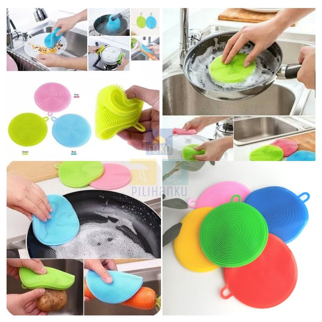 SPON SILIKON dish BULAT CUCI PIRING panci scouring pad serba guna ANTI KUMAN BAKTERI sponge silicone cleaning wash brush pan