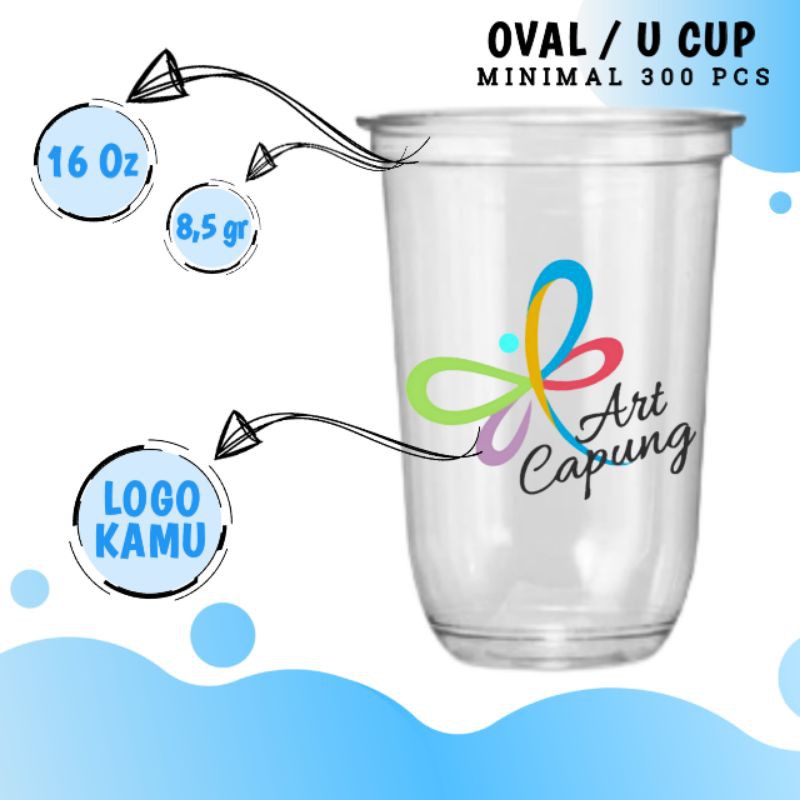 (Min.300pcs) Sablon Cup Oval 16Oz / Sablon Gelas U Cup 16 Oz / Sablon Gelas Plastik 8,5 Gram