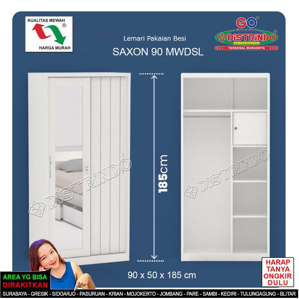 DISTRINDO Lemari Pakaian Besi Minimalis Pintu Sliding Cermin Panjang Anti Rayap dan Jamur