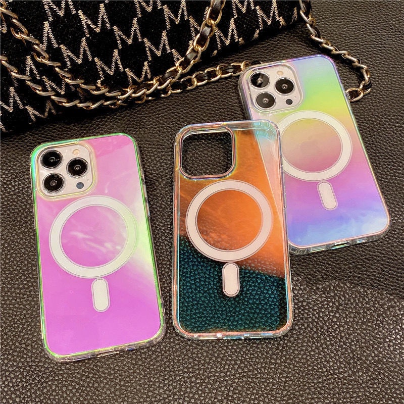 Case Magnetik Laser Warna-Warni Untuk iPhone 12 13 14 11 Pro Max X Xs Max Xr reyv