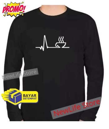 Kaos Distro Detak Jantung Kopi Putih Premium Pria Wanita Lengan Panjang