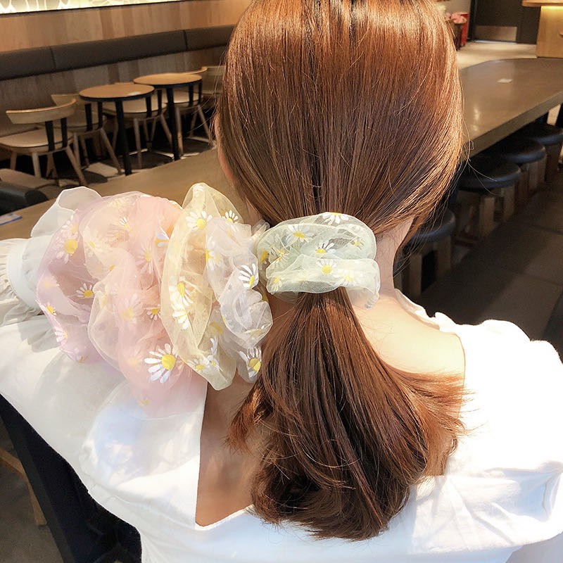 Ikat Rambut Elastis Aksen Bunga Daisy Bahan Mesh Gaya Korea Untuk Wanita/Scrunchie