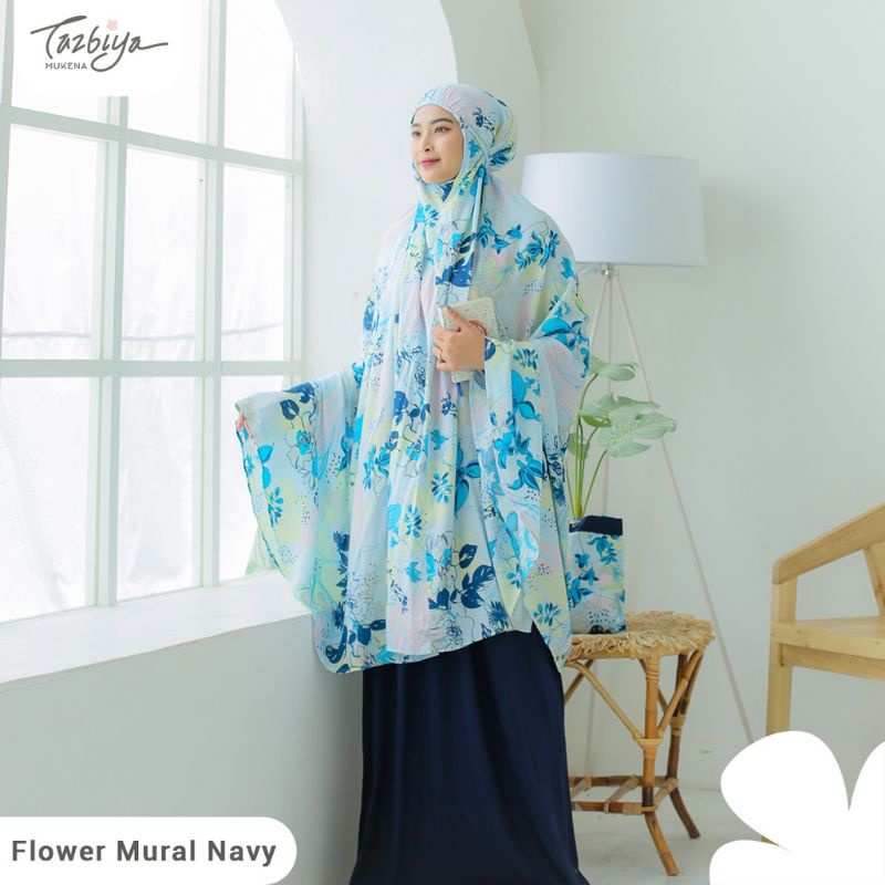 Mukena Tazbiya Flower Mural Series Green/Salem/Navi Jumbo Dewasa Katun Rayon Adem Motif Cantik Traveling