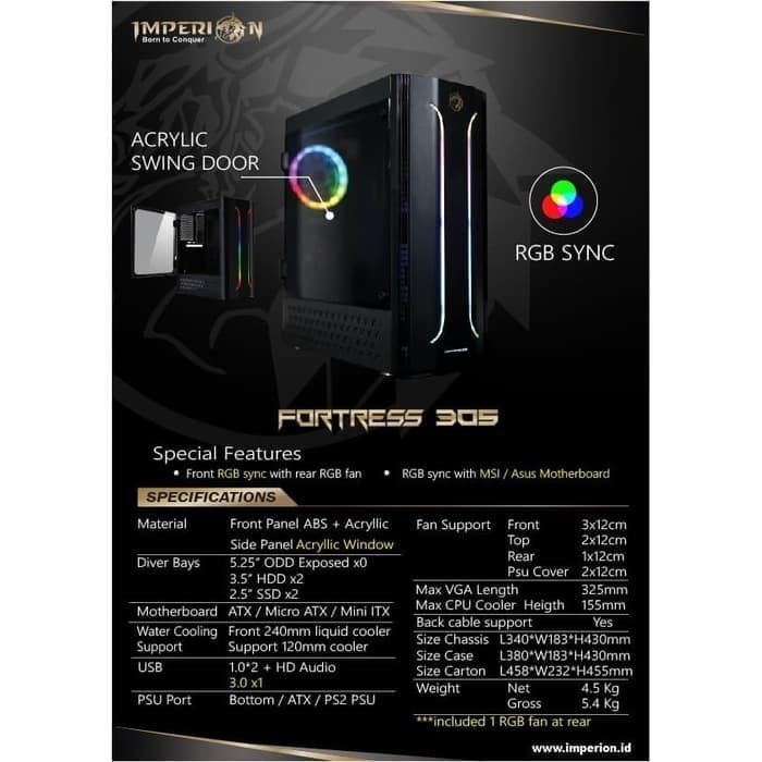 Pc case gaming imperion Atx acrylic led strip rgb free 1 fan 12cm fortress 305 - Casing komputer micro atx mini itx