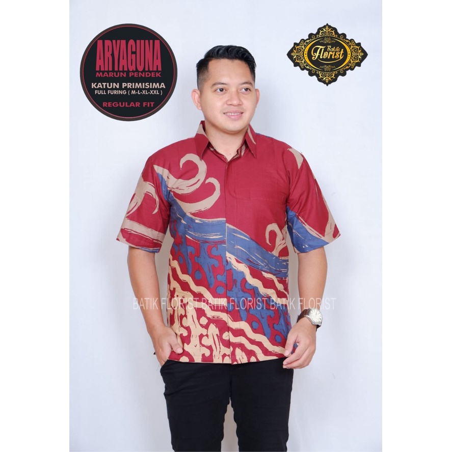 BATIK PRIA TERBARU S M L XL XXL BAJU kemeja batik pria lengan PENDEK PREMIUM ARYAGUNA MARRON