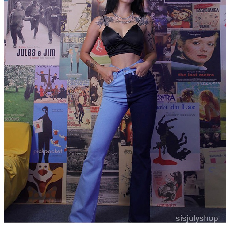 #Sisjuly# Celana Jeans Pinggang Tinggi Wanita Sablon Kontras Retro Tipis Wanita Celana Kaki Lebar Ti
