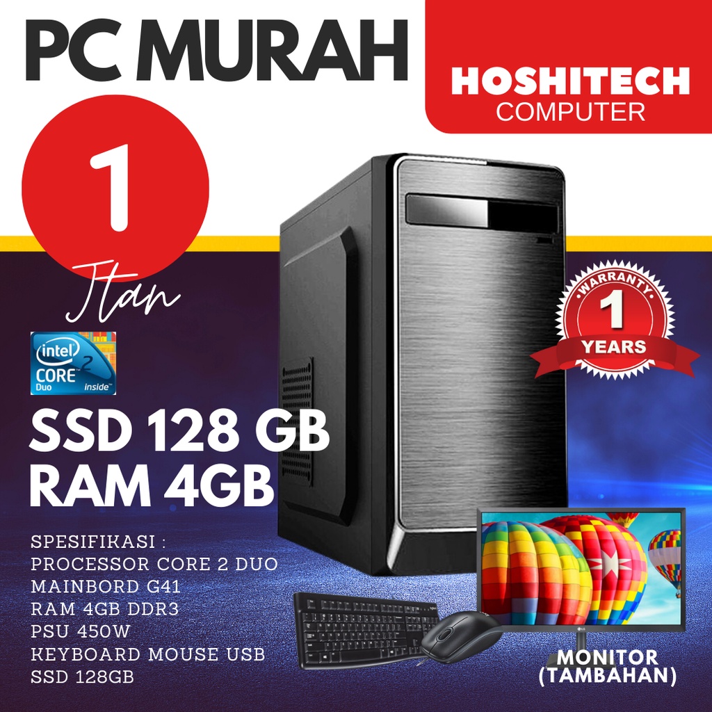 PC Komputer Rakitan Murah sekolah office Intel R4/SSD128 MONITOR 19 Hoshitech