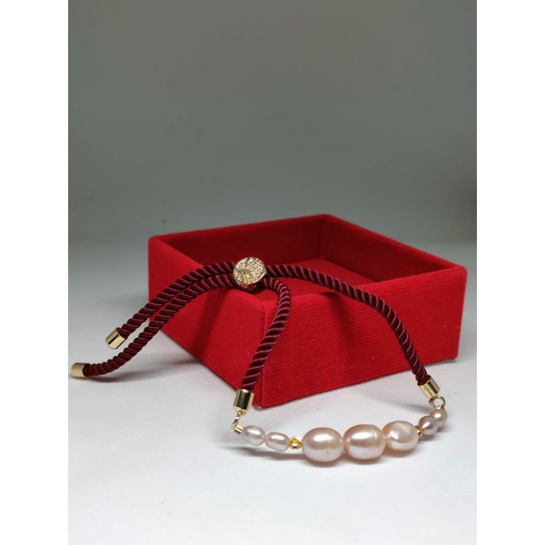 Gelang Serut 7 Mutiara Air Tawar Peach Mix Bola Emas Kecil Tali Meroon Free Kotak