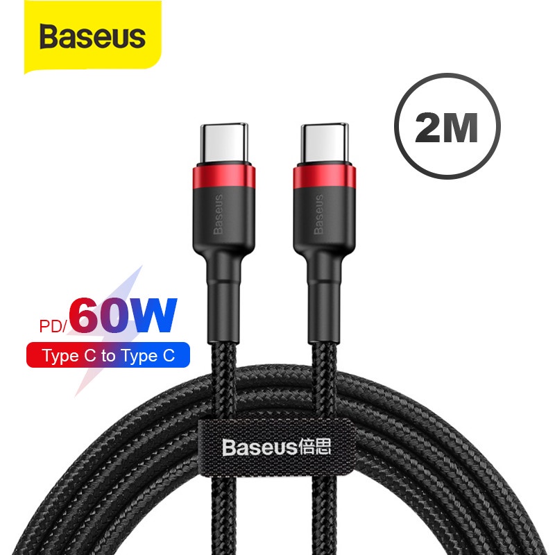 BASEUS Kabel Charger Type C Type-C 60W PD Fast Charging Macbook 2M Samsung A70 Note 10 20 3A Data Cable