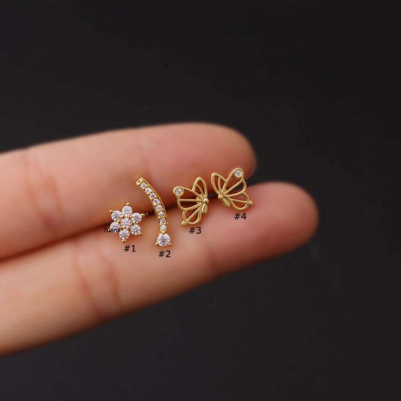 1pc Anting Stud Tindik Bentuk Bunga Kupu-Kupu Bahan Stainless Steel 16Gauge Dengan Zircon Untuk Wanita