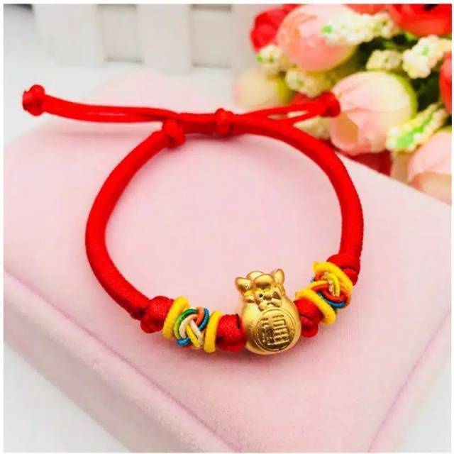 gelang hongkong tali cina variasi emas 24k 999 charm mini kendi kantong uang monney bag kado unik