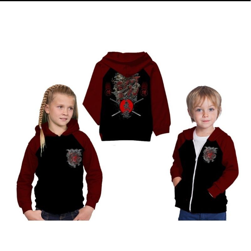 Jaket hoodie anak L/P Japanese sukajan samurai Redblack Fullprint