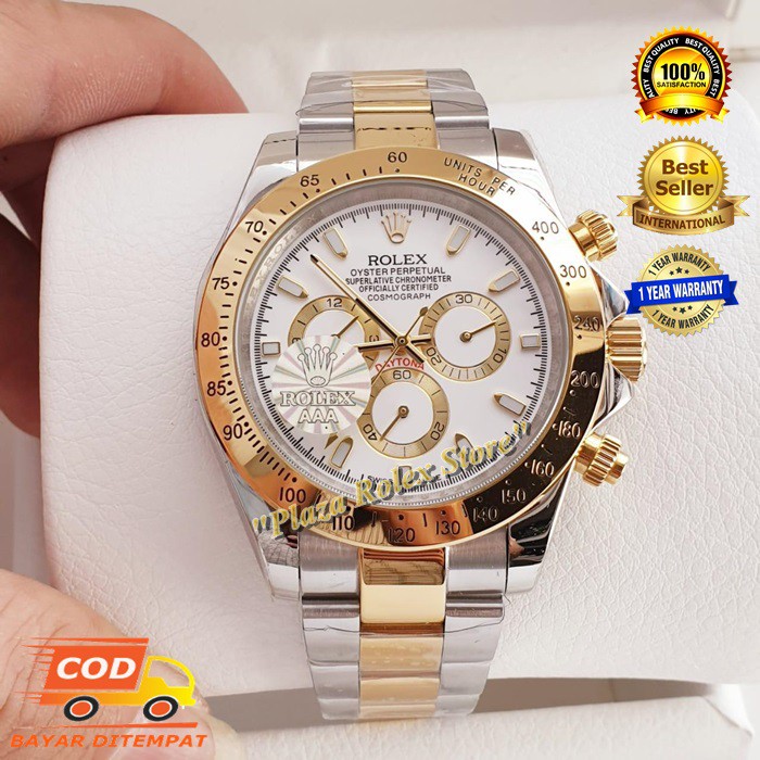 Jam Tangan Rolex Daytona Gold Silver Automatic Safir Swiss Bezel Version Fullset Garansi 1th Import