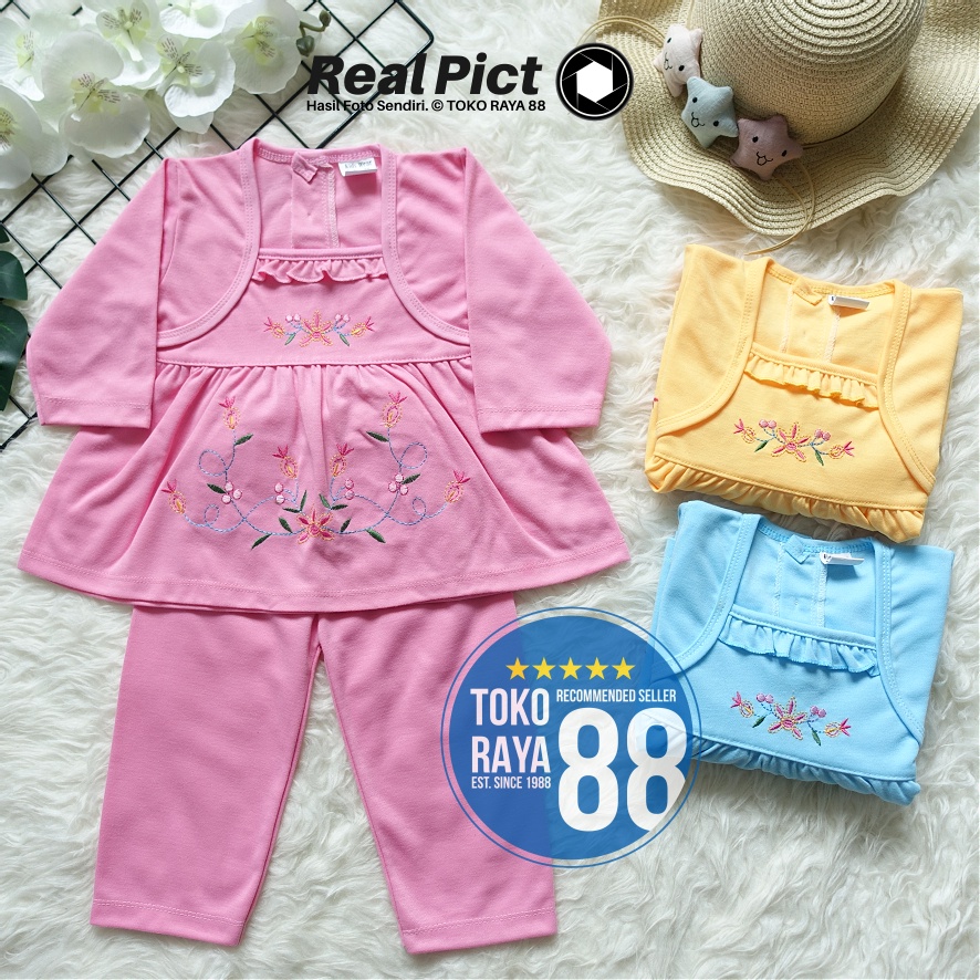 TOKO RAYA 88, Setelan Baju Bayi 3 - 18 Bulan, Motif Bunga Rambat, Kaos Piyama Anak Perempuan Lengan 