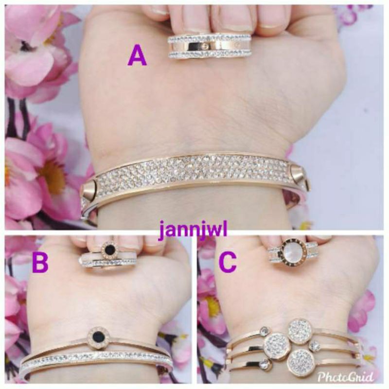 Gelang bangle set+cincin G6-G7 asli titanium anti karat UK 6cm