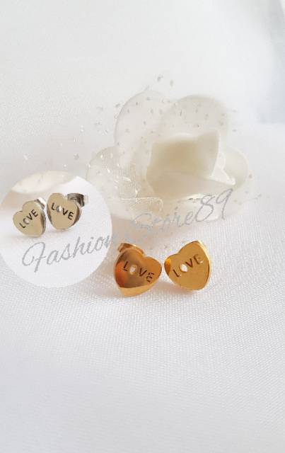 Anting Tusuk L. O. V. E import titanium gold white Antikarat import elegant simple