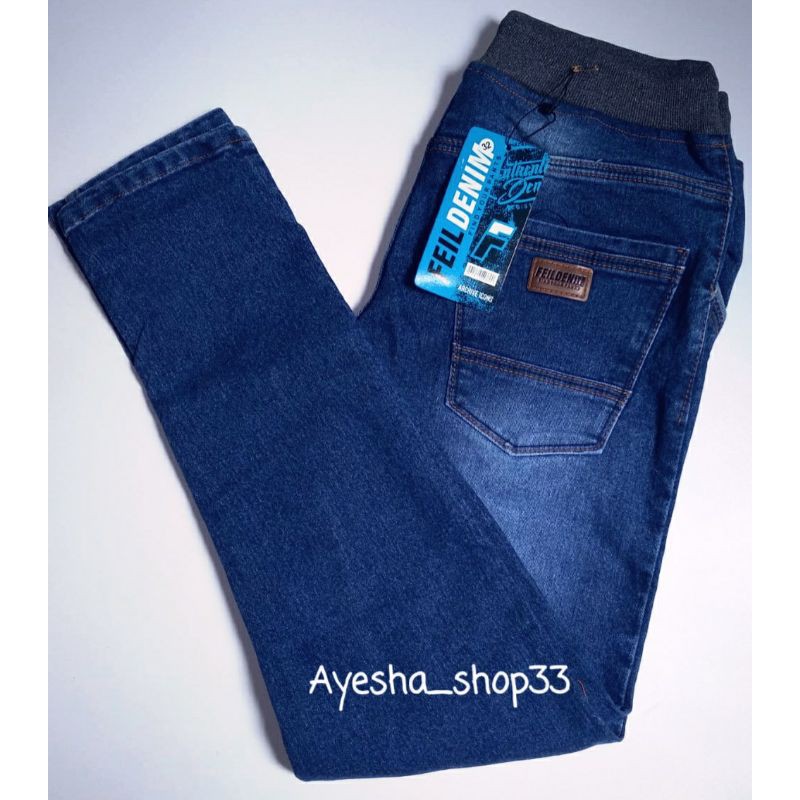 Celana panjang cowok slim fit jeans pinggang karet feil