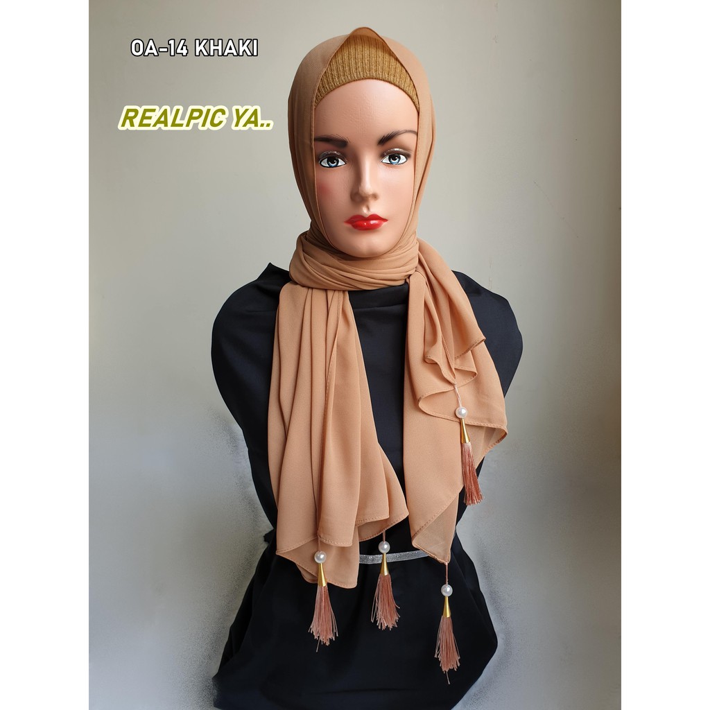 Hijab Pashmina ceruty tassel mutiara juntai heavy bubble chiffon A54 jilbab diamond babydoll