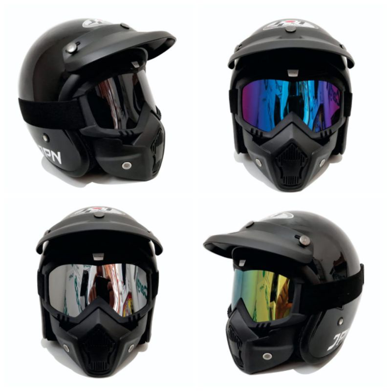 Helm Bogo Jpn Retro Hitam Dop Set Dengan Google Mask
