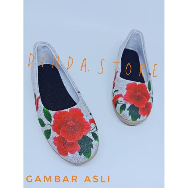 DINDA - SEPATU WANITA SLIP ON PRINTING FLOWERS ROSE BEST SELLER MURAH - ABU