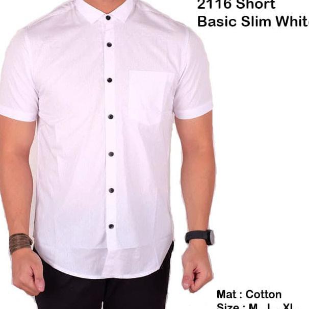 1hck kemeja pria basic polos slim fit lengan pendek putih - putih, m tnf9
