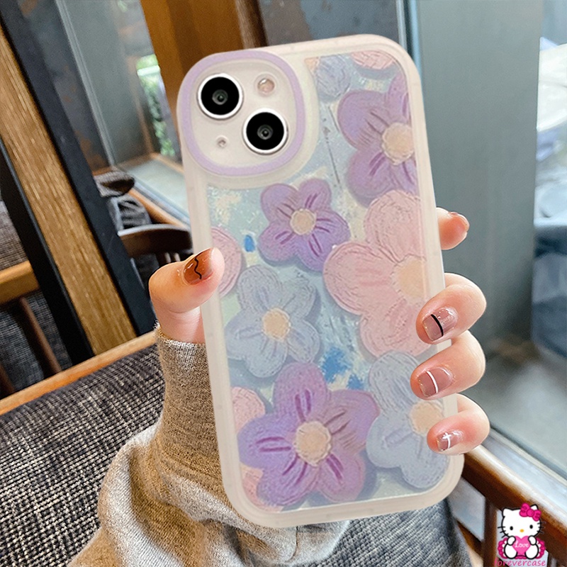 Case Pelindung Lensa Bentuk Oval Motif Lukisan Minyak Bunga Ungu Tahan Banting Untuk IPhone 7 8 Plus 12 13 11 Pro Max X 11 XS Max XR 6 6s Plus SE 2020