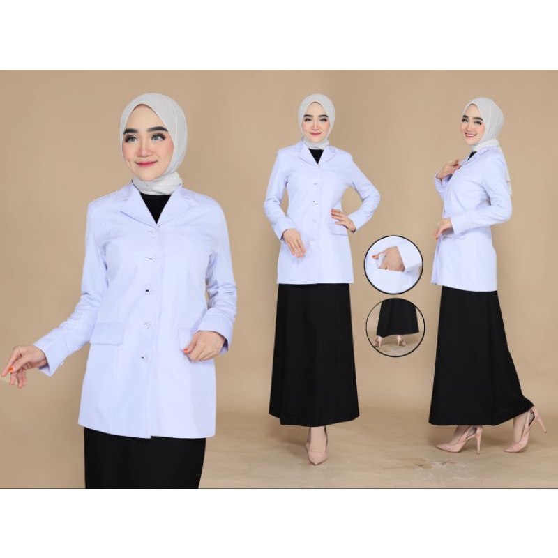 SERAGAM PUTIH ASN /  SETELAN PUTIH HITAM ROK SPAN / SETELAN PUTIH HITAM ROK A /ATASAN ASN PUTIH BAJU DINAS PNS PUTIH KANTONG DUA BAWAH. FREE HIJAB