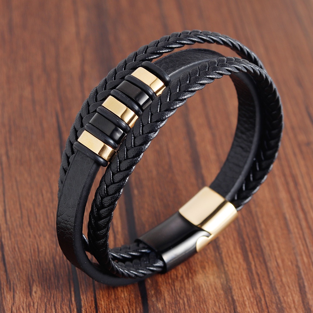 Gelang Multilayer Bahan Kulit Dan Stainless Steel Warna Emas Untuk Pria