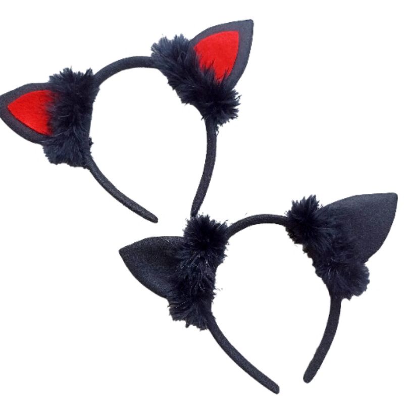 Halloween Bando Telinga Kucing Bulu Merah Hitam Pesta Kostum Cosplay Party Bando Halloween Costumes