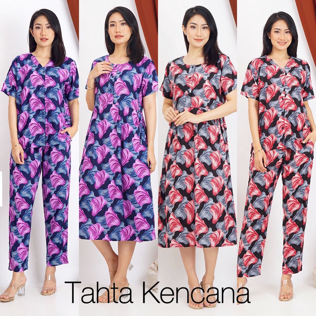 Tahta Kencana - Setelan Celana Panjang Piyama Wanita Dan Midi Dress Thena Motif Bunga Busui Friendly