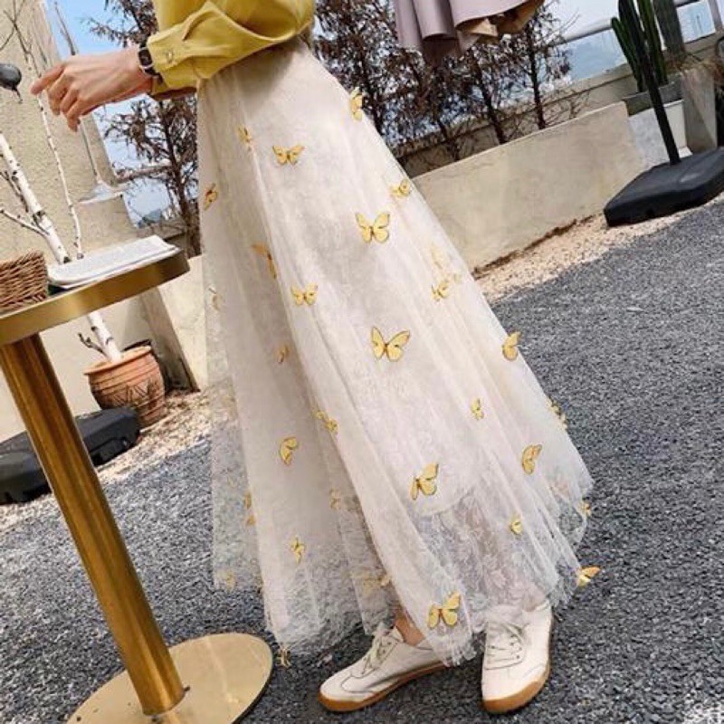 Rok Tutu Kupu Kupu 3D Timbul Panjang / Tutu Maxi Skirt Import ButterFly Embroidery - Katlyn Shop-Kupu Aplikasi-Cream