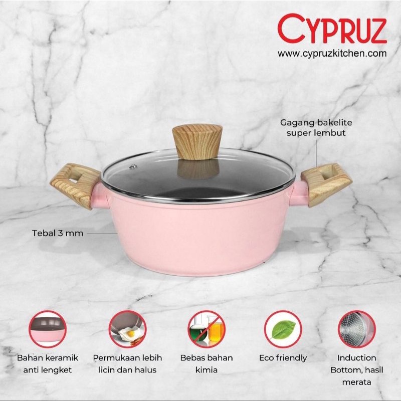 PI 0801 panci + tutup kaca CERAMIC SERIES pink 24cm cypruz