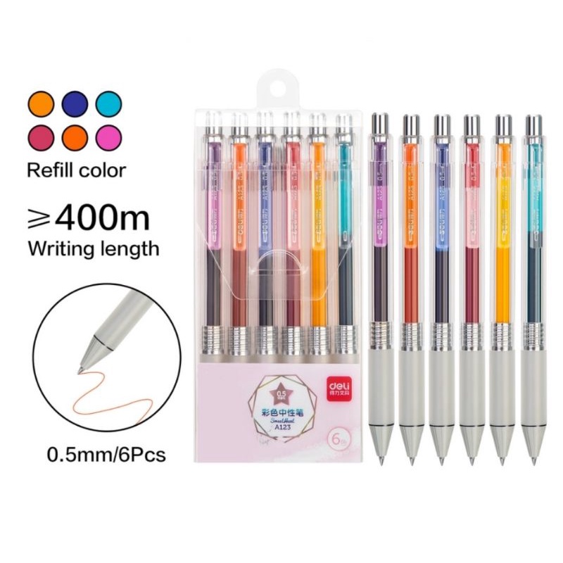 

Deli Gel Pen Warna Netral, Ujung Bundar 6 Pcs/Box, Tinta Lancar A123