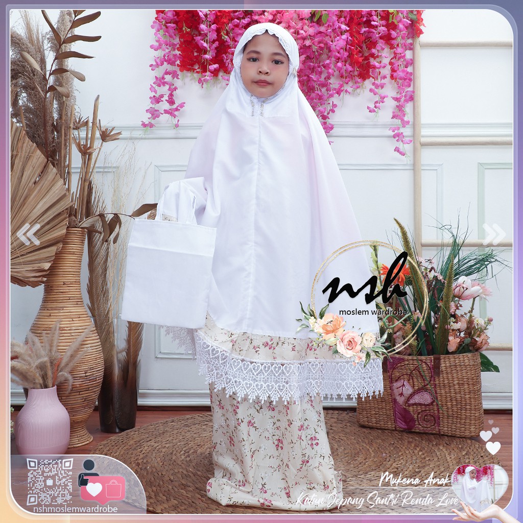 [𝓷𝓼𝓱] Mukena Anak Katun Jepang Santri Renda Love (Muat Hingga Ukuran Tanggung)-1