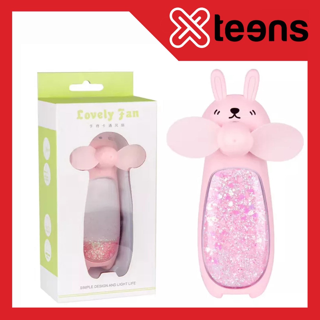 Kipas Angin Mini Portable Gantung Leher Desain Kartun Bubuk Glitter Rechargeable