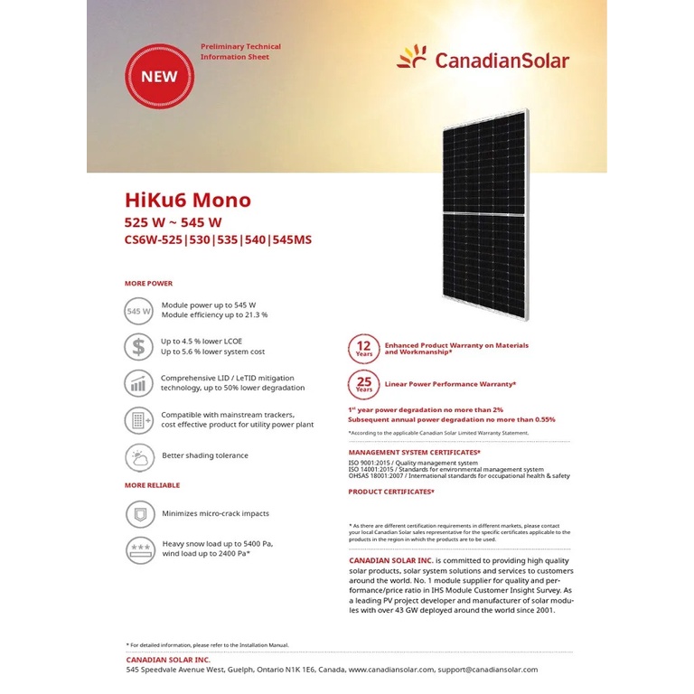 Canadian Solar 550W 550 Watt CS6W 550MS MONO PERC Module KuMax