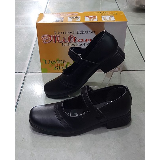 MILTON HAK 3cm Sepatu Kerja Formal Guru Full Hitam dan Putih Polos Hak Datar Sepatu Pantopel Sepatu Paskibra Tali