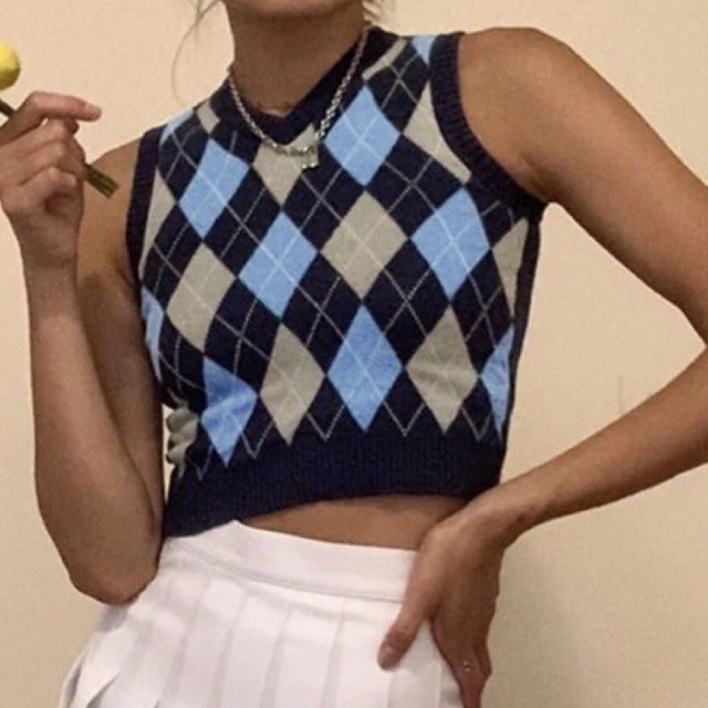 VIANKA VEST - rompi rajut tanpa lengan knitted y2k argyle vest v neck vintage blue argyle sweater