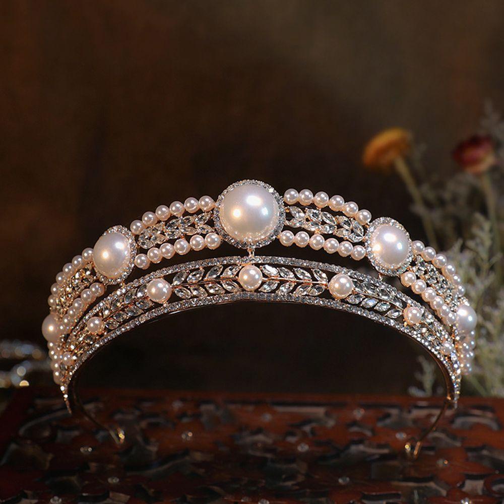 Mxbeauty Mahkota Pengantin Shinny Bulang Emas Putri Berlian Imitasi Baroque Pearl Hair Hoop