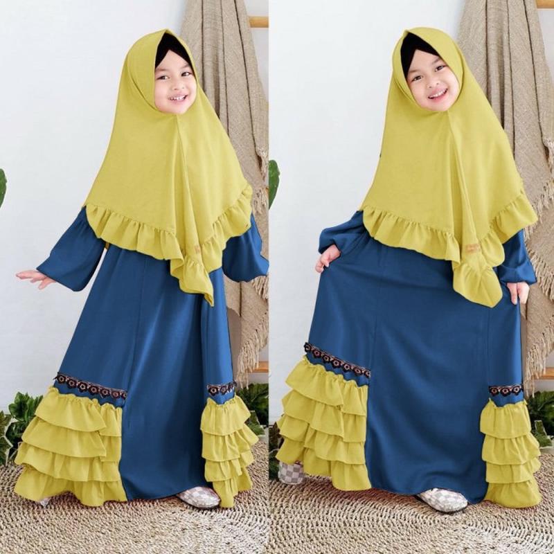Rania Set Kids 2In1 + Pashmina Instan Bahan Manggo Crepe Mix Tille Dot Gamis Anak Kekinian Model Ter