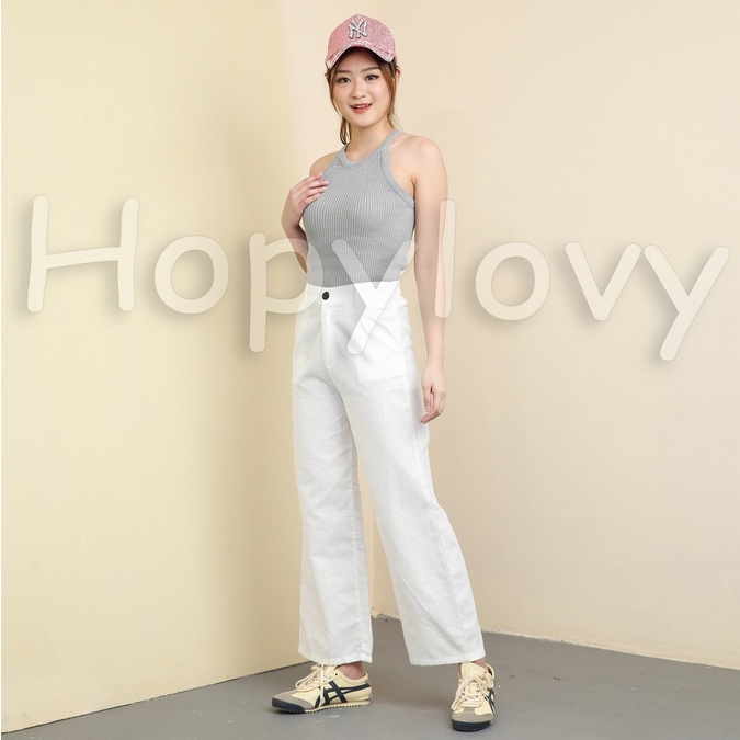 HOPYLOVY Celana Kulot High Waist Wanita Katun Linen Charliva