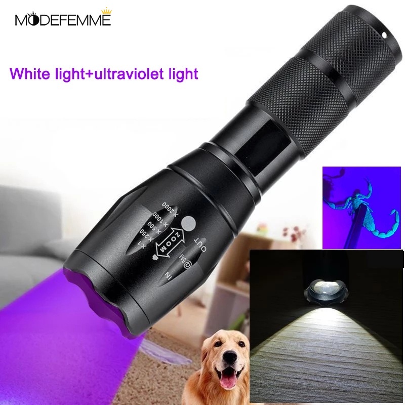 [ Ultraviolet white lighting  double lamp retractable flashlight for Night run outdoor camping fishing ]