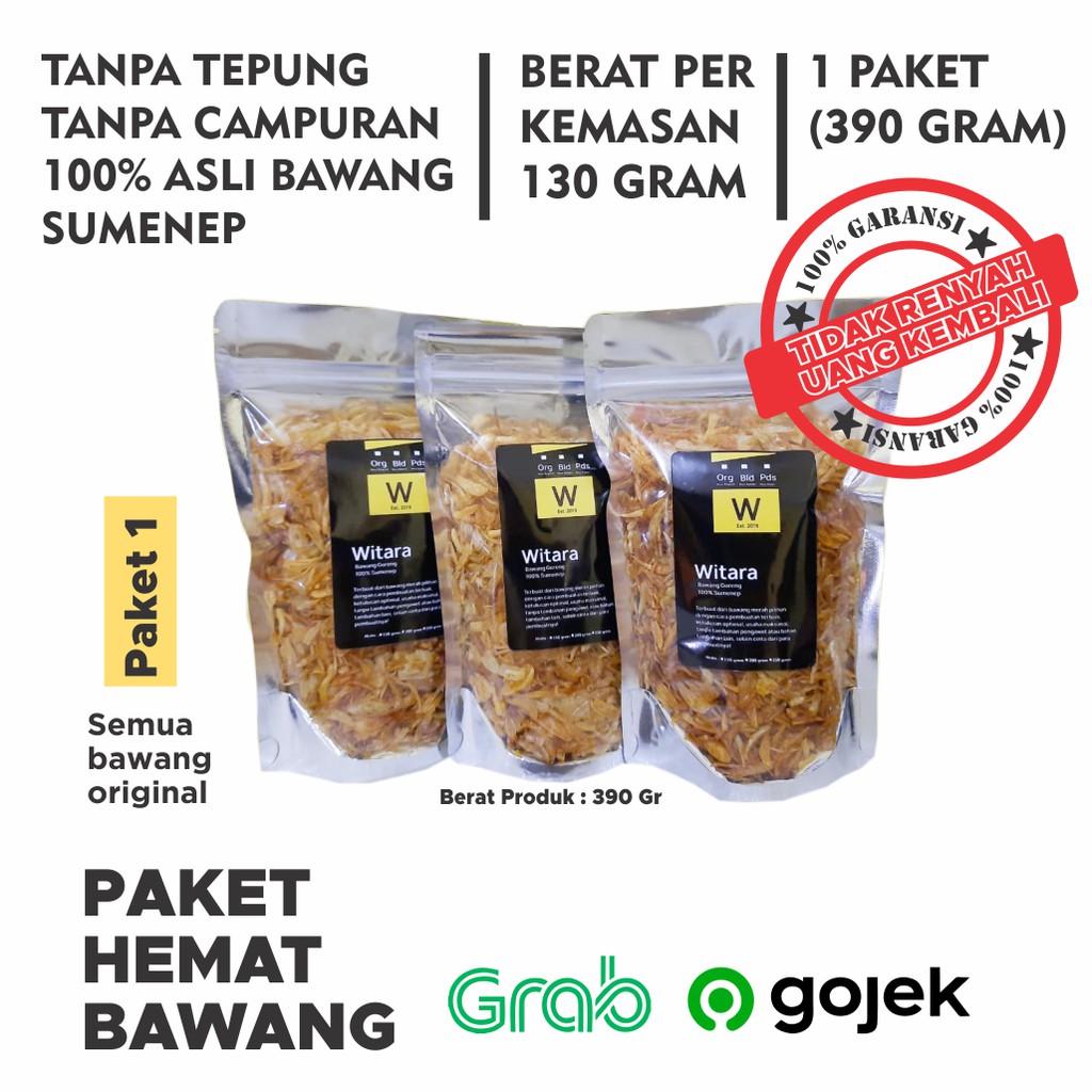 

Paket Bawang Goreng Sumenep Kemasan Pouch 390 gram Tanpa Tepung