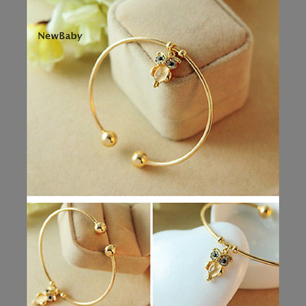 Newbaby Gelang Bangle Cuff Desain Burung Hantu Hias Berlian Imitasi Warna Silver / Gold Untuk Wanita