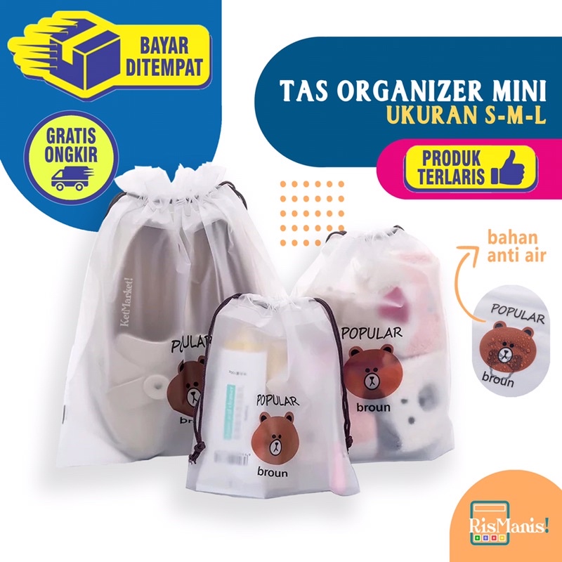 CUTE POUCH ORGANIZER - Tas Serut Travel Mini Serbaguna Anti Air Gambar Karakter Kartun Beruang Lucu