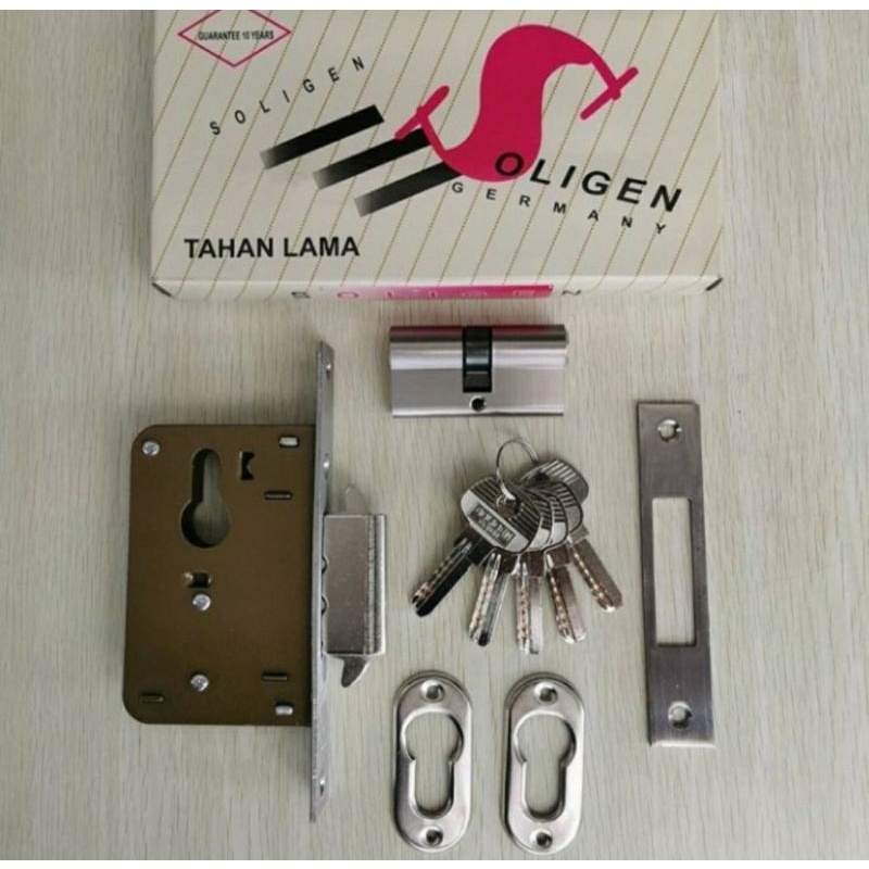 Kunci Pintu Sliding Soligen/Kunci Dorong Soligen Stainless +Cylinder 60mm